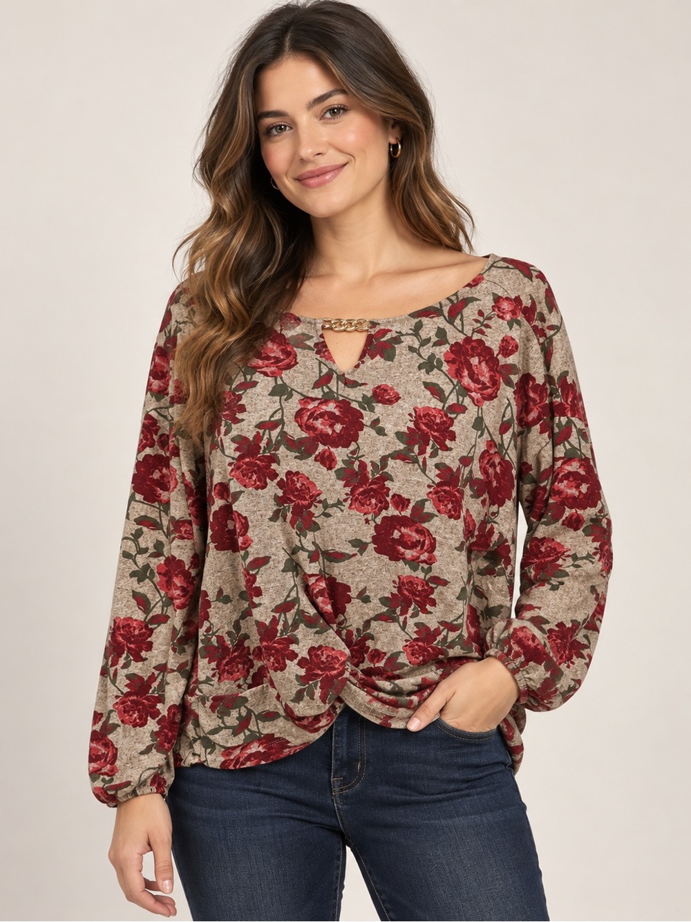 Absolutely Famous Beige Sweatshirt with Red Floral Print and Chain Accent